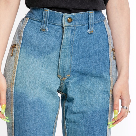 Rare 1970's Vintage Lee's High Waisted Two Toned Patchwork Bell Bottom Jeans - Picture 2 of 12